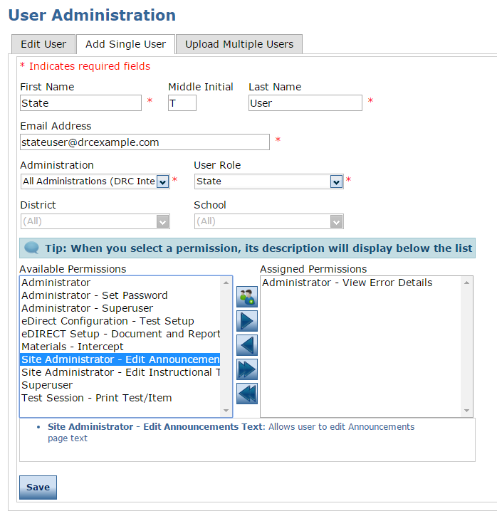 User Administration Page Screenshot