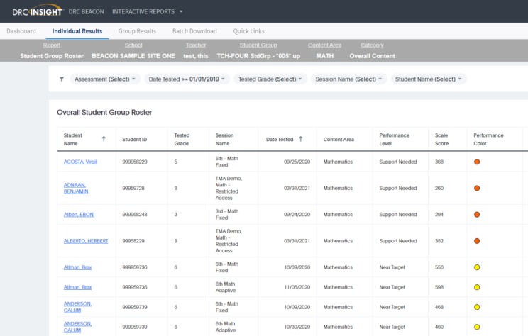 DRC INSIGHT Portal Student Group Roster Screenshot